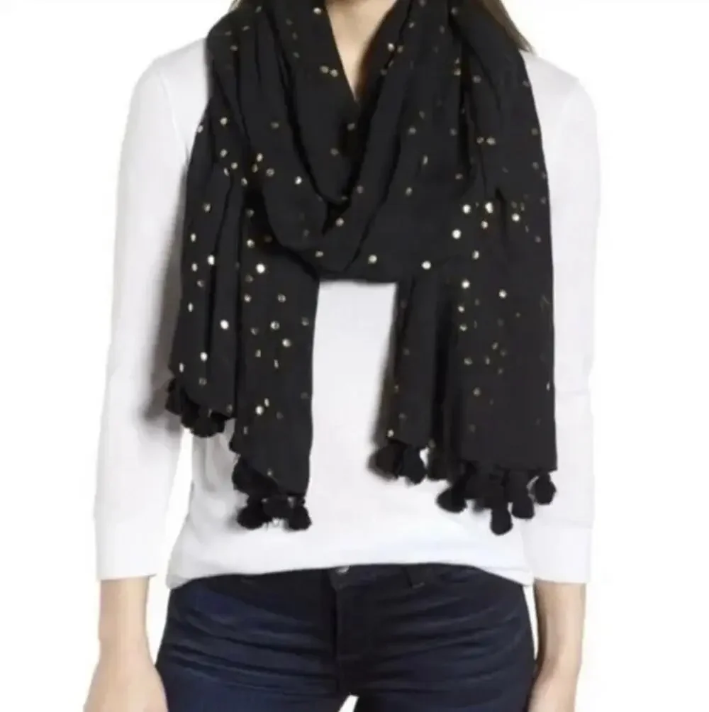 Kate Spade Scarf 74x24 Black Metallic Gold Confetti Polka Dot Pom Pom Shawl NYE